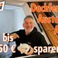 Oliver Dundiew an einem geöffneten Dachfenster mit einem Sparschwein in der Hand. Das Sparschwein und der schwarze Pullover von Oliver trägt das Logo der DACHFENSTER-RETTER. Der Text des Thumbnails ist: Dachfenster-Austausch-Aktion: Jetzt bis zu 250€ sparen.