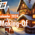 Bild zeigt das Weihnachtsdorf des diesjährigen Adventskalenders mit der Überschrift: Adventskalender 2024: Das Making-Of und dem Logo der DACHFENSTER-RETTER