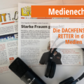 alt="Endlich ein Medienecho" - Dachfenster-Zeitung, Mikrofon und Headset auf weißem Grund