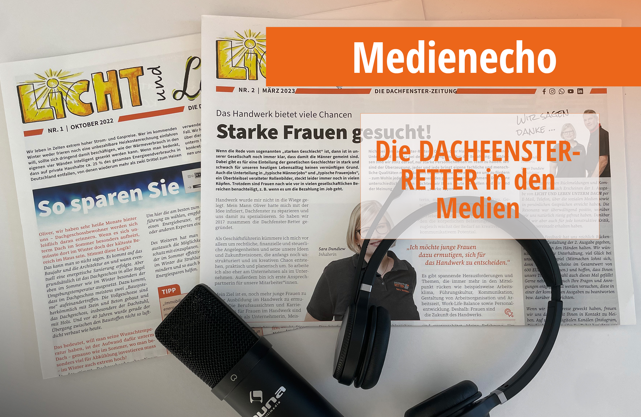 alt="Endlich ein Medienecho" - Dachfenster-Zeitung, Mikrofon und Headset auf weißem Grund