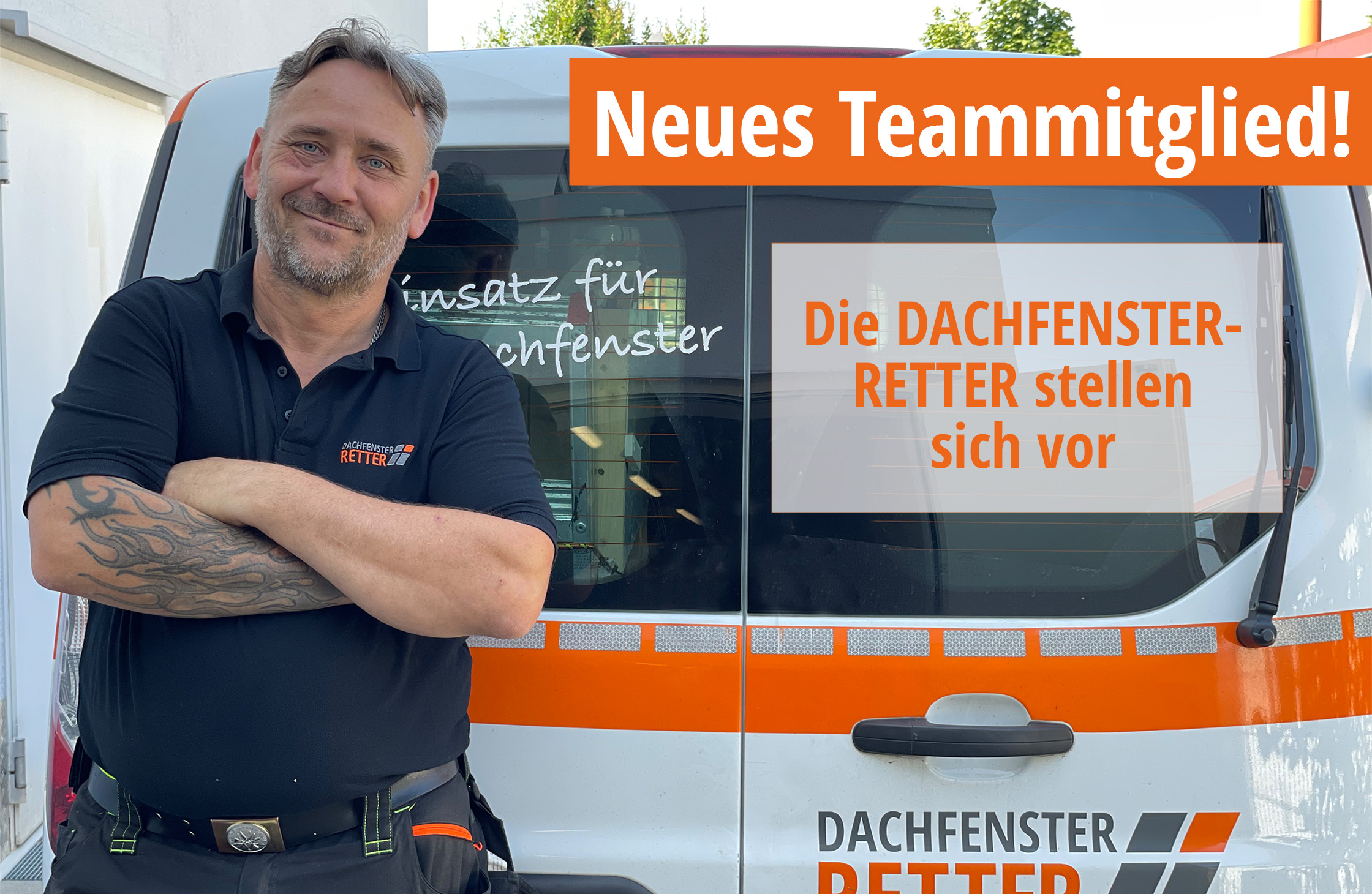 alt="Neues Teammitglied Mario Lang vor Dachfenster-Retter-Auto"