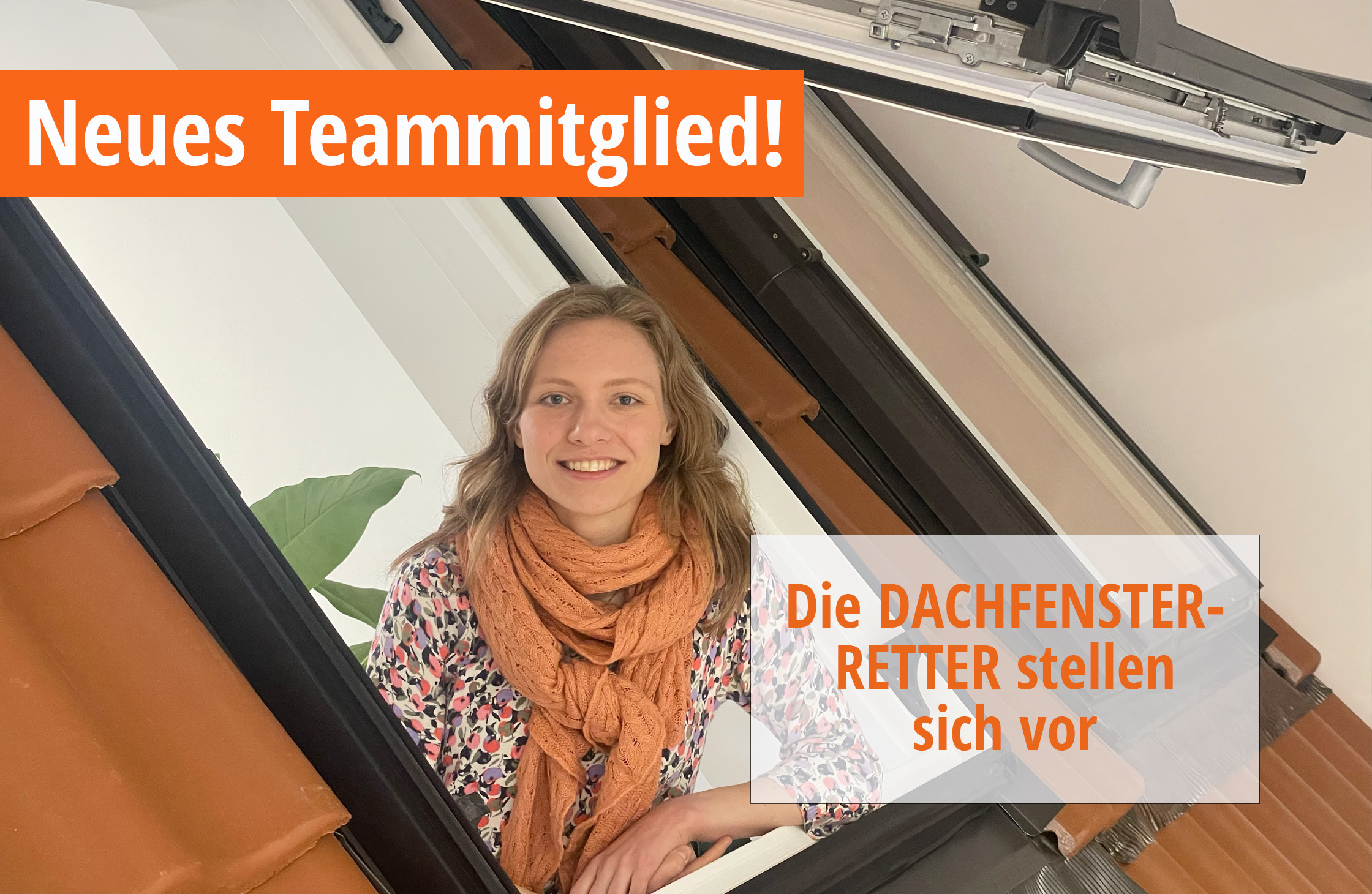 "Neues Teammitglied der Dachfenster-Retter: Vorstellung von Sarah Höger, die als Assistenz der Geschäftsleitung vor einem geöffneten Dachfenster steht. Die Dachfenster-Retter heißen die Verstärkung im Team herzlich willkommen. Sarah Höger hat blonde schulterlange Haare, trägt eine bunte Bluse und einen lachsfarbenen Schal."